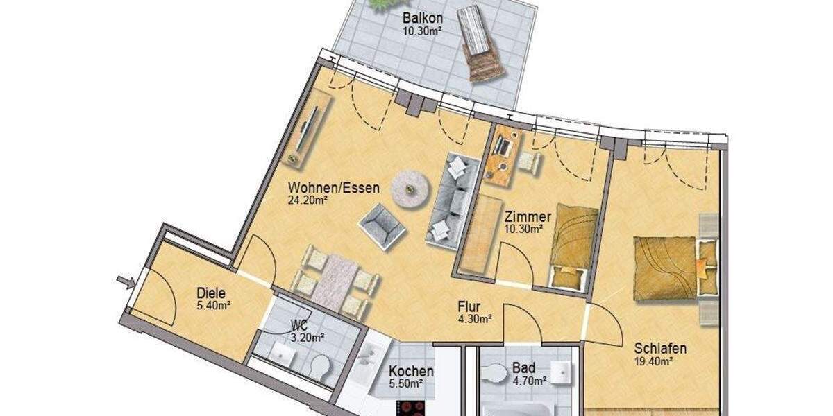 Etagenwohnung Düsseldorf Flingern Nord - 3 Zimmer, 85 m&sup2;, 1.410&euro; | Angebot:25778928