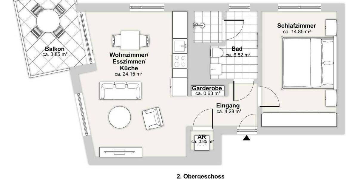 Etagenwohnung Düsseldorf Heerdt - 2 Zimmer, 55 m&sup2;, 1.300&euro; | Angebot:25739033