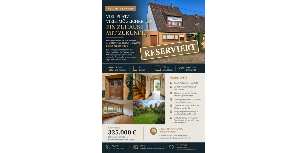 Einfamilienhaus Mönchengladbach Ost - 8 Zimmer, 181 m&sup2;, 320.000&euro; | Angebot:23251121