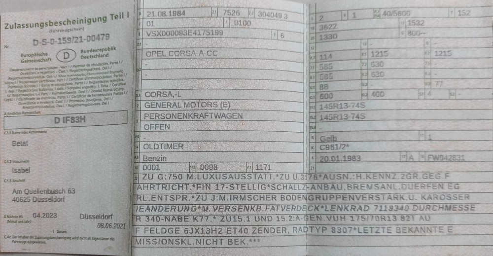Opel Corsa A CC Cabrio Oldtimer Bj. 1984 72.155 km 12.500 &euro; Düsseldorf 40213